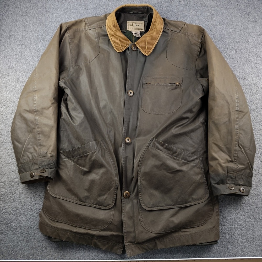 VTG LL Bean Field Coat Mens Medium Tall Waxed Canvas Brown Wool Primaloft Lined